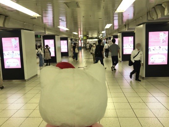 デジタルサイネージをみるキティちゃんの写真